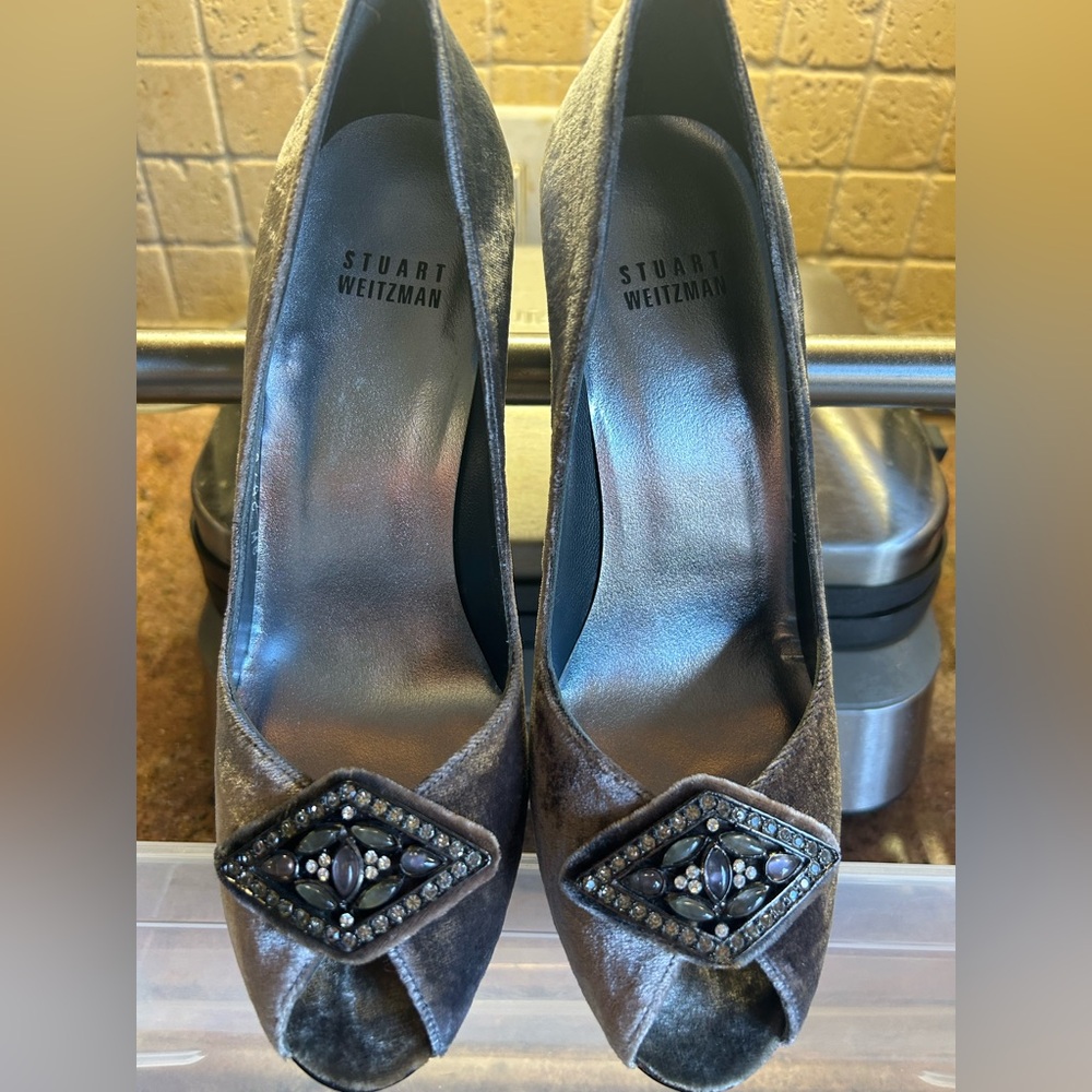 Stuart Weitzman Velvet Heels with Embellished Buckle